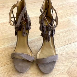Taupe Ankle Tassle One Strap Heel